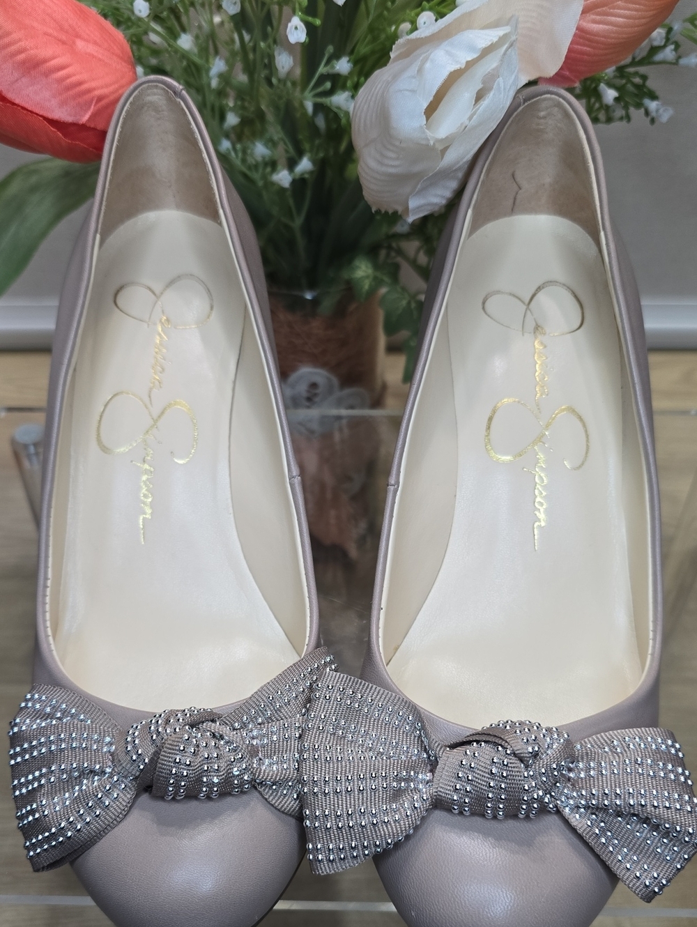 Jessica Simpson Taupe Bow-Accent Pumps